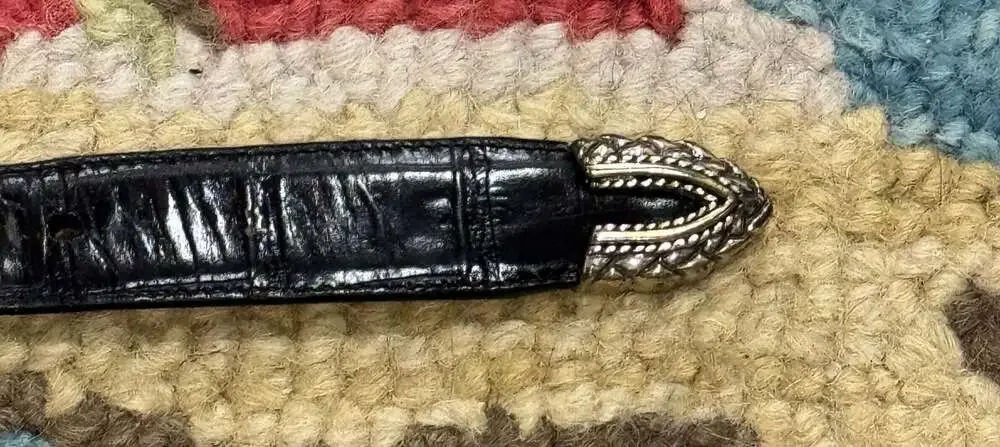 Brighton Women's Black Croco-Embossed Leather Belt w/ Ornate Silver-Tone Buckle